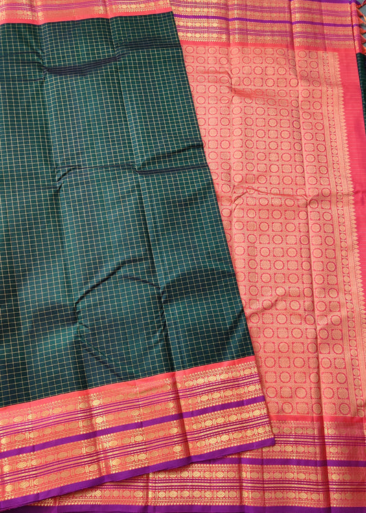 Bottle Green Colour Kanchivaram Silk Saree With Zari Checks All Over Code : KA0133