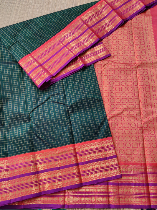 Bottle Green Colour Kanchivaram Silk Saree With Zari Checks All Over Code : KA0133