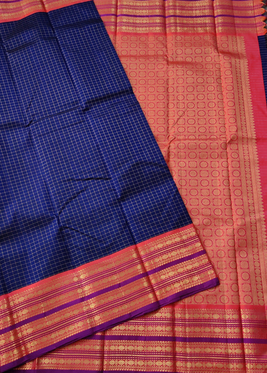 Navy Blue Colour Kanchivaram Silk Saree With Zari Checks All Over Code : KA0136