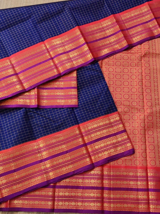 Navy Blue Colour Kanchivaram Silk Saree With Zari Checks All Over Code : KA0136