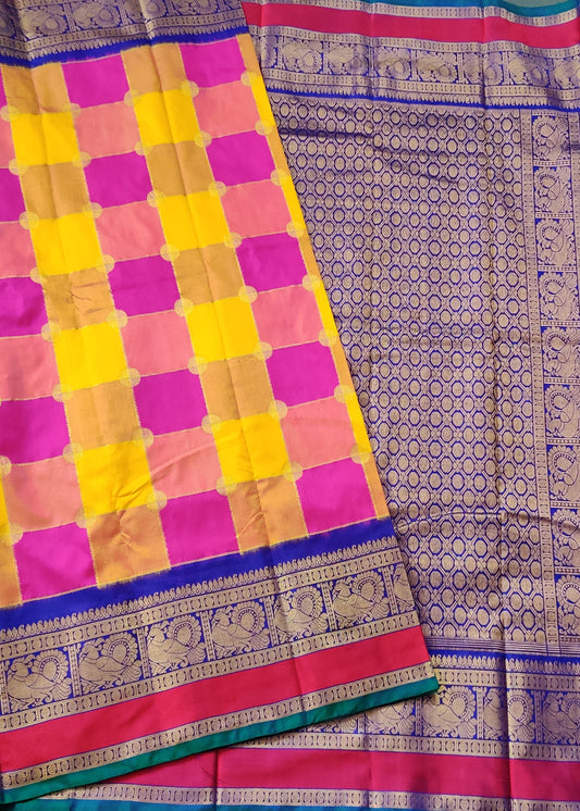 Tri Colour Ikkat Silk Saree With Zari Motif Body Code : IK013