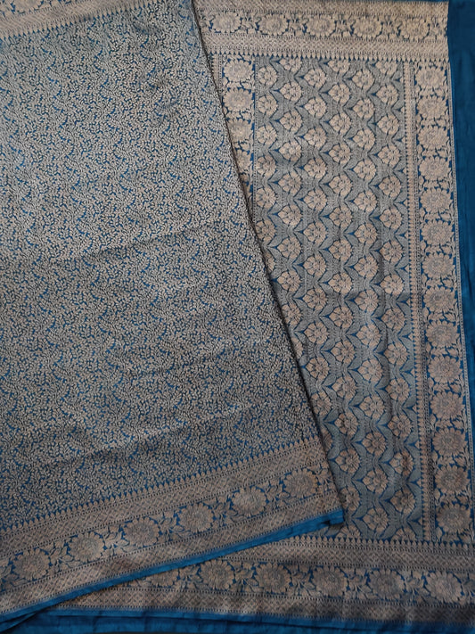 Blue Colour Semi Banarasi Saree With Antique Zari Brocade Body Code : VB0216
