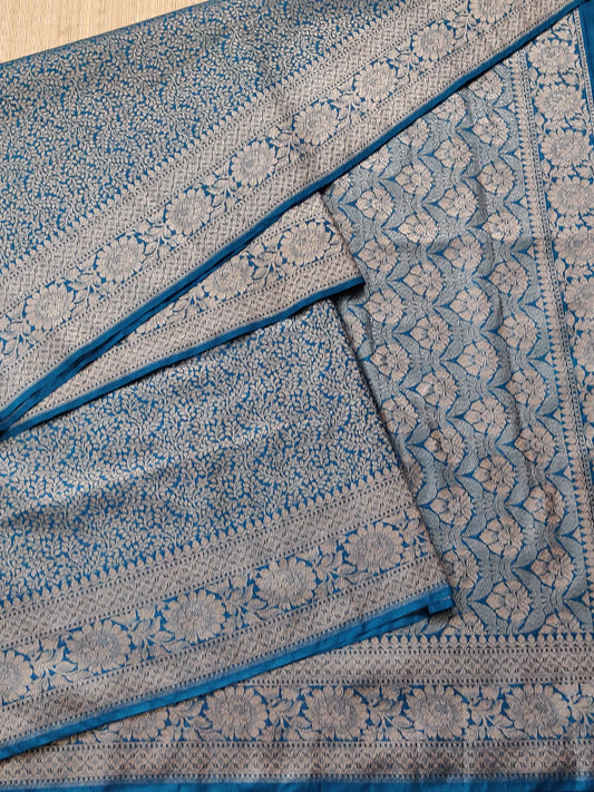 Blue Colour Semi Banarasi Saree With Antique Zari Brocade Body Code : VB0216