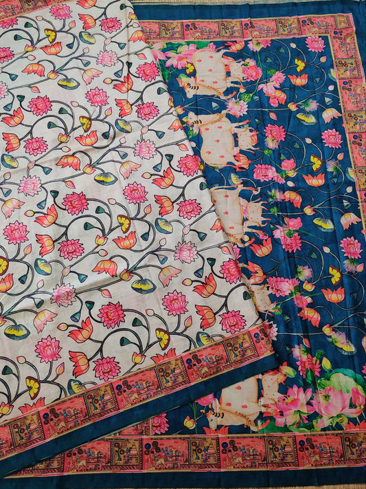 Cream Colour Semi Tussar Saree With Floral Digital Print All Over Code : VB0249
