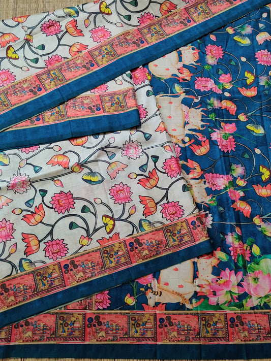 Cream Colour Semi Tussar Saree With Floral Digital Print All Over Code : VB0249
