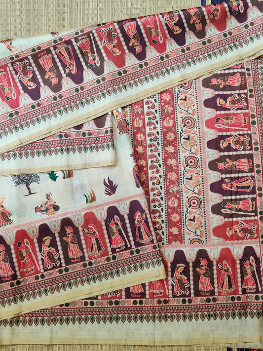 Cream Colour Semi Tussar Saree With Floral Digital Print All Over Code : VB0250
