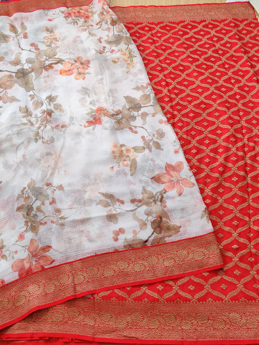 Off White Colour Kota & Georgette Fusion Silk Saree With Digital Print All Over : VB0228