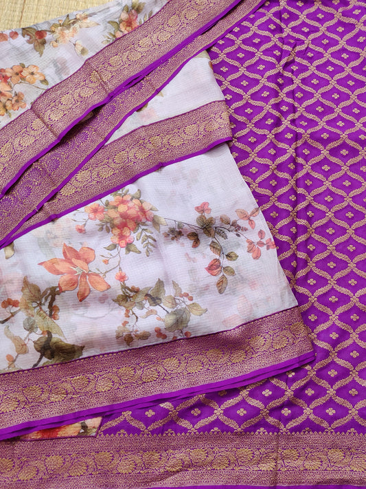 Light Baby Pink Colour Kota & Georgette Fusion Silk Saree With Digital Print All Over : VB0229
