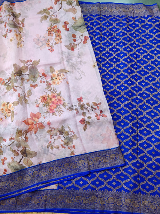Light Baby Pink Colour Kota & Georgette Fusion Silk Saree With Digital Print All Over : VB0227