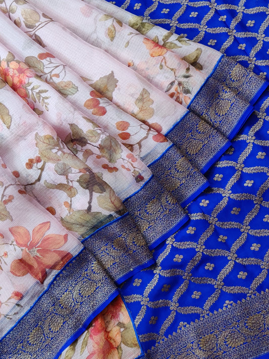 Light Baby Pink Colour Kota & Georgette Fusion Silk Saree With Digital Print All Over : VB0227