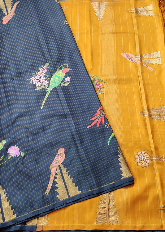 Grey Colour Kanchivaram Silk Saree With Hand Painting All Over Code : KA026