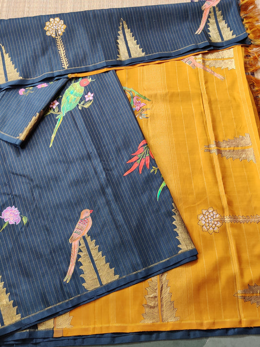 Grey Colour Kanchivaram Silk Saree With Hand Painting All Over Code : KA026