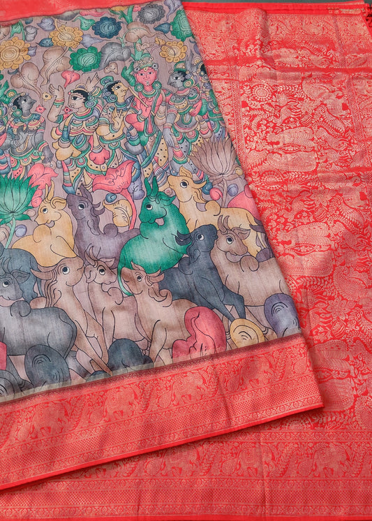 Grey Colour Semi Banarasi Saree With Kalamkari Digital Print All Over Code : VB0218