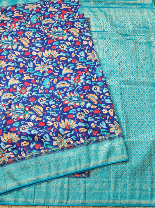 Blue colour Semi Banarasi Saree With Kalamkari Digital Print All Over Code : VB0219