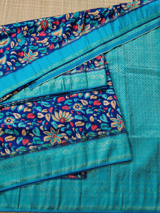 Blue colour Semi Banarasi Saree With Kalamkari Digital Print All Over Code : VB0219
