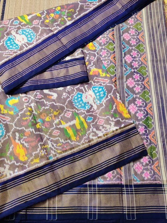Grey Colour Tissue Ikkat Silk Saree With Ikkat Weaving All Over Code : IK014