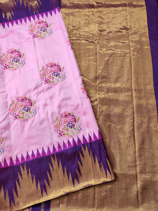 Baby Pink Colour Kanchivaram Silk Saree With Petit Point Embroidery All Over