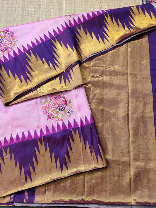 Baby Pink Colour Kanchivaram Silk Saree With Petit Point Embroidery All Over