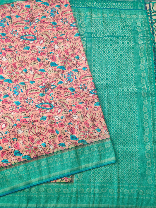 Peach Colour Semi Banarasi Saree With Kalamkari Digital Print All Over : VB0362
