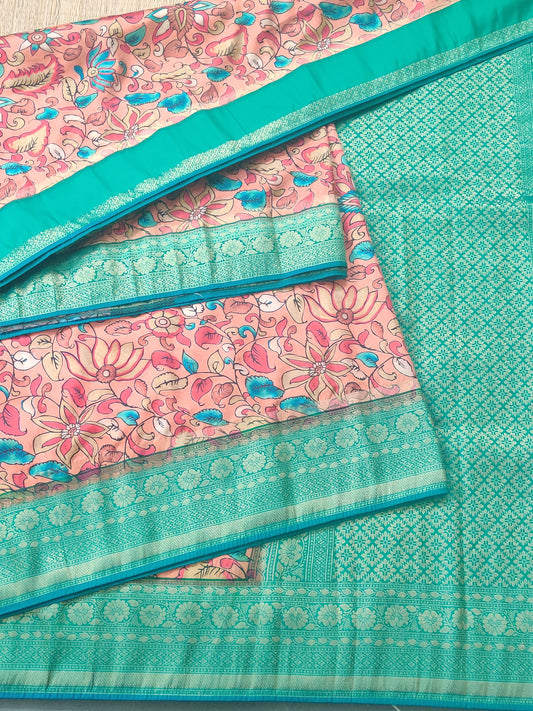 Peach Colour Semi Banarasi Saree With Kalamkari Digital Print All Over : VB0362