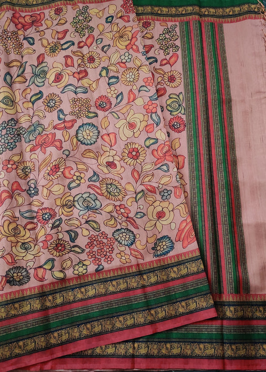 Onion Pink Colour Semi Banarasi Saree With Kalamkari Digital Print All Over Code : VB0224