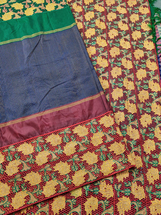 Tri Colour Kanchivaram Mubbagam Silk Saree With Zari Checks All Over Code : KA0140