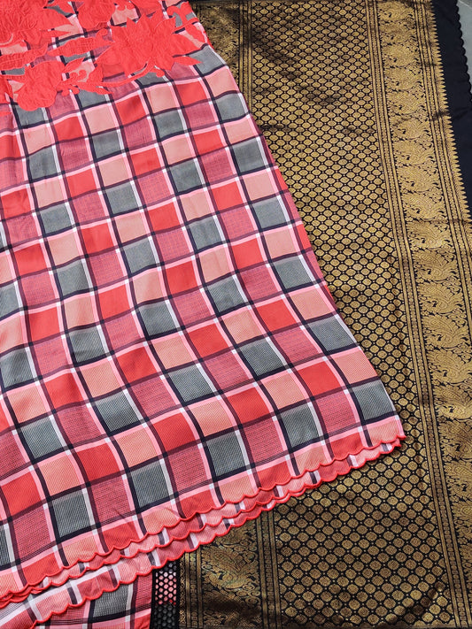 Red Colour Raw Silk & Kanchivaram Fusion Saree With Digital Print Body Code : KA0144