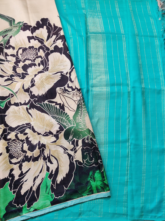 Cream Colour Borderless Kanchivaram Silk Saree With Digital Print All Over Code : KA0143