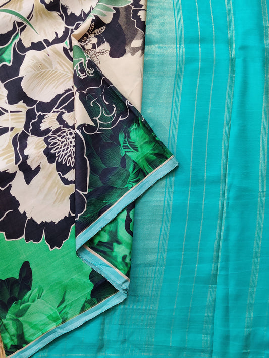 Cream Colour Borderless Kanchivaram Silk Saree With Digital Print All Over Code : KA0143