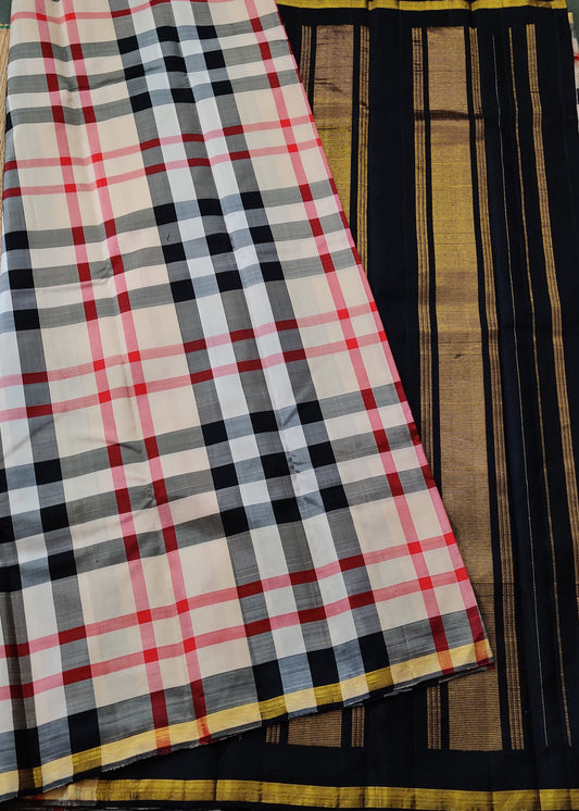 Cream Colour Kanchivaram Silk Saree With Checks All Over Code : KA0141