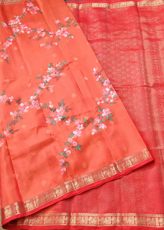 Orange Colour Soft Silk Saree With Hand Painting & Zari Butta All Over Code : SS005
