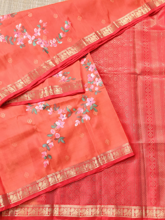 Orange Colour Soft Silk Saree With Hand Painting & Zari Butta All Over Code : SS005