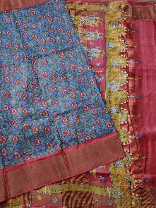 Blue Colour Tussar Silk Saree With Digital Print All Over Code : KT015