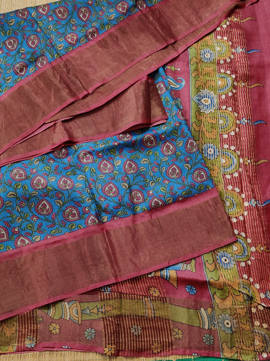 Blue Colour Tussar Silk Saree With Digital Print All Over Code : KT015