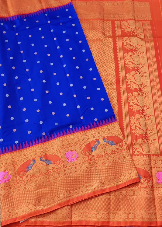 Blue Colour Gadwal Silk Saree With Gold & Silver Zari Butta All Over Code : GA005