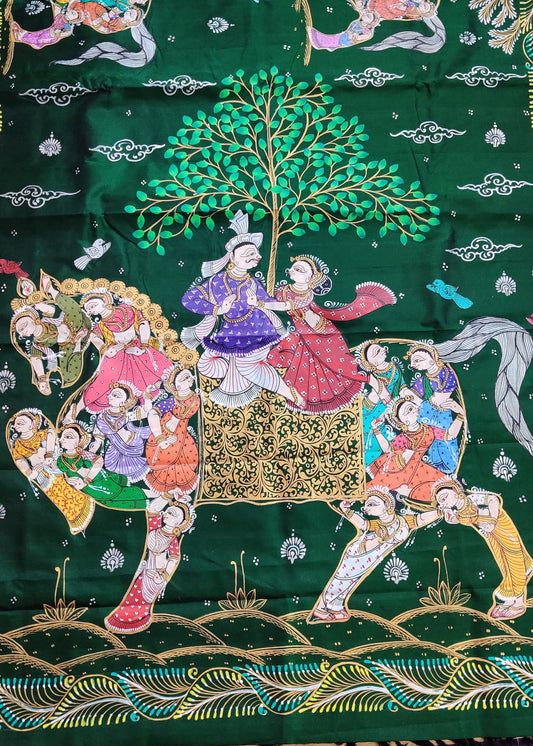 Bottle Green Colour Kanchivaram Silk Saree With Pattachitra Hand Painting All Over Code : KA0163