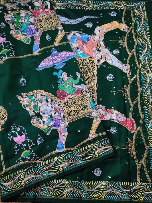 Bottle Green Colour Kanchivaram Silk Saree With Pattachitra Hand Painting All Over Code : KA0163