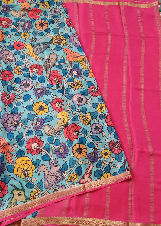 Sky Blue Colour Mysore Crepe Silk Saree With Kalamkari Digital Print All Over Code : KA0151