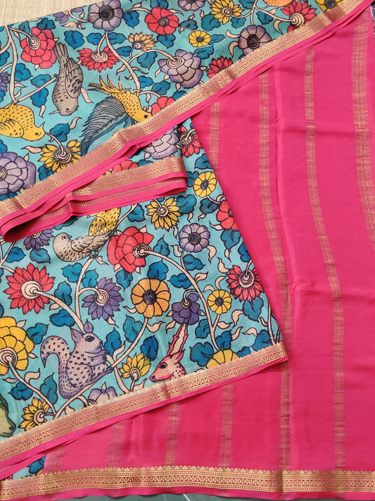 Sky Blue Colour Mysore Crepe Silk Saree With Kalamkari Digital Print All Over Code : KA0151