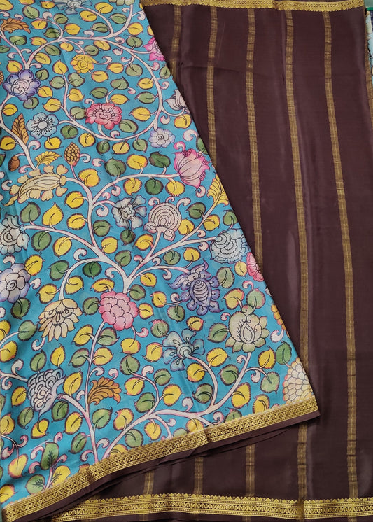 Greyish Blue Colour Mysore Crepe Silk Saree With Kalamkari Digital Print All Over Code : KA0148