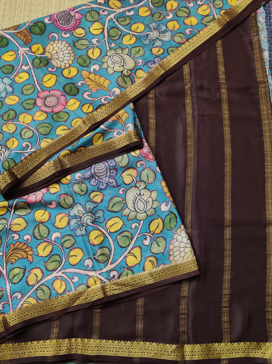 Greyish Blue Colour Mysore Crepe Silk Saree With Kalamkari Digital Print All Over Code : KA0148