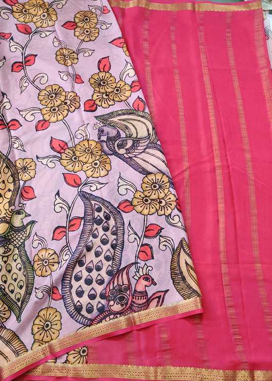 Onion Colour Mysore Crepe Silk Saree With Kalamkari Digital Print All Over Code : KA0153