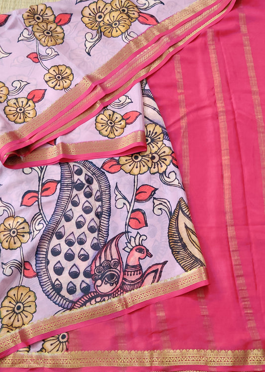 Onion Colour Mysore Crepe Silk Saree With Kalamkari Digital Print All Over Code : KA0153