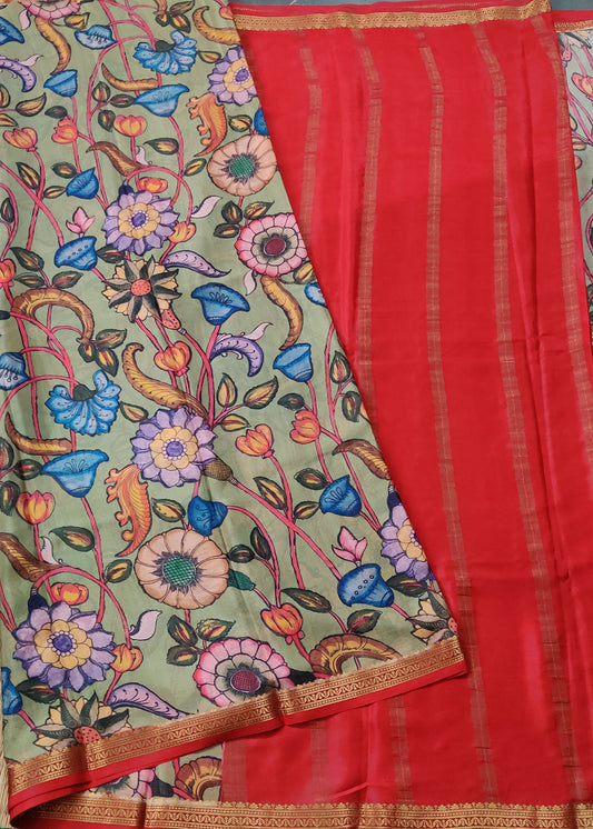 Mehandi Green Colour Mysore Crepe Silk Saree With Kalamkari Digital Print All Over Code : KA0150