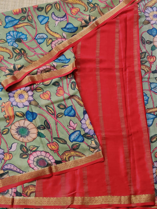 Mehandi Green Colour Mysore Crepe Silk Saree With Kalamkari Digital Print All Over Code : KA0150