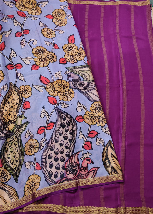 Lavender Colour Mysore Crepe Silk Saree With Kalamkari Digital Print All Over Code : KA0149