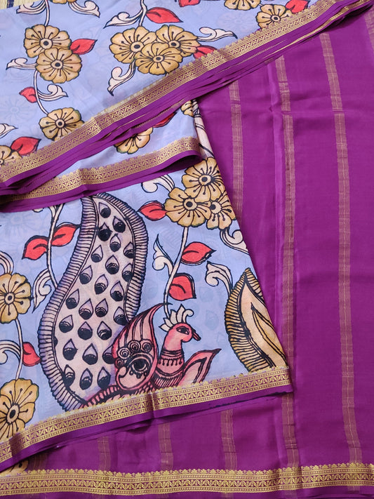 Lavender Colour Mysore Crepe Silk Saree With Kalamkari Digital Print All Over Code : KA0149