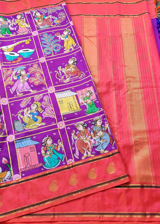 Magenta Colour Kanchivaram Silk Saree With Pattachitra Hand Painting All Over Code : KA0162