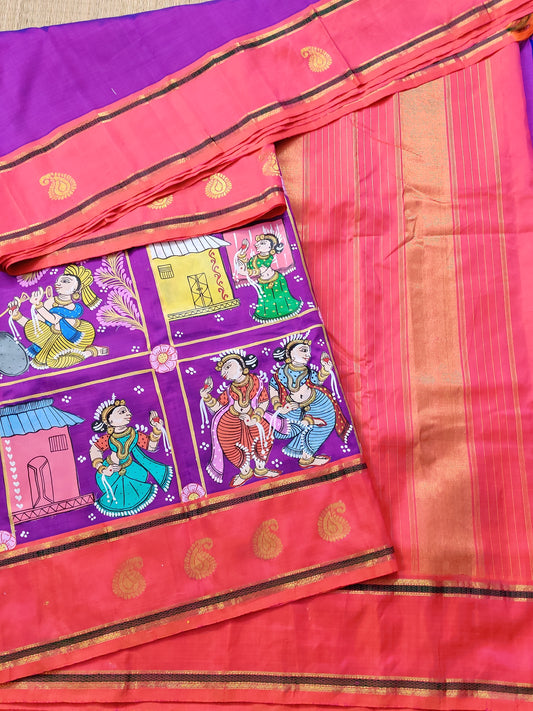 Magenta Colour Kanchivaram Silk Saree With Pattachitra Hand Painting All Over Code : KA0162