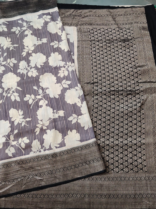 Grey Colour Semi Banarasi Saree With Digital Print All Over Code : VB0247